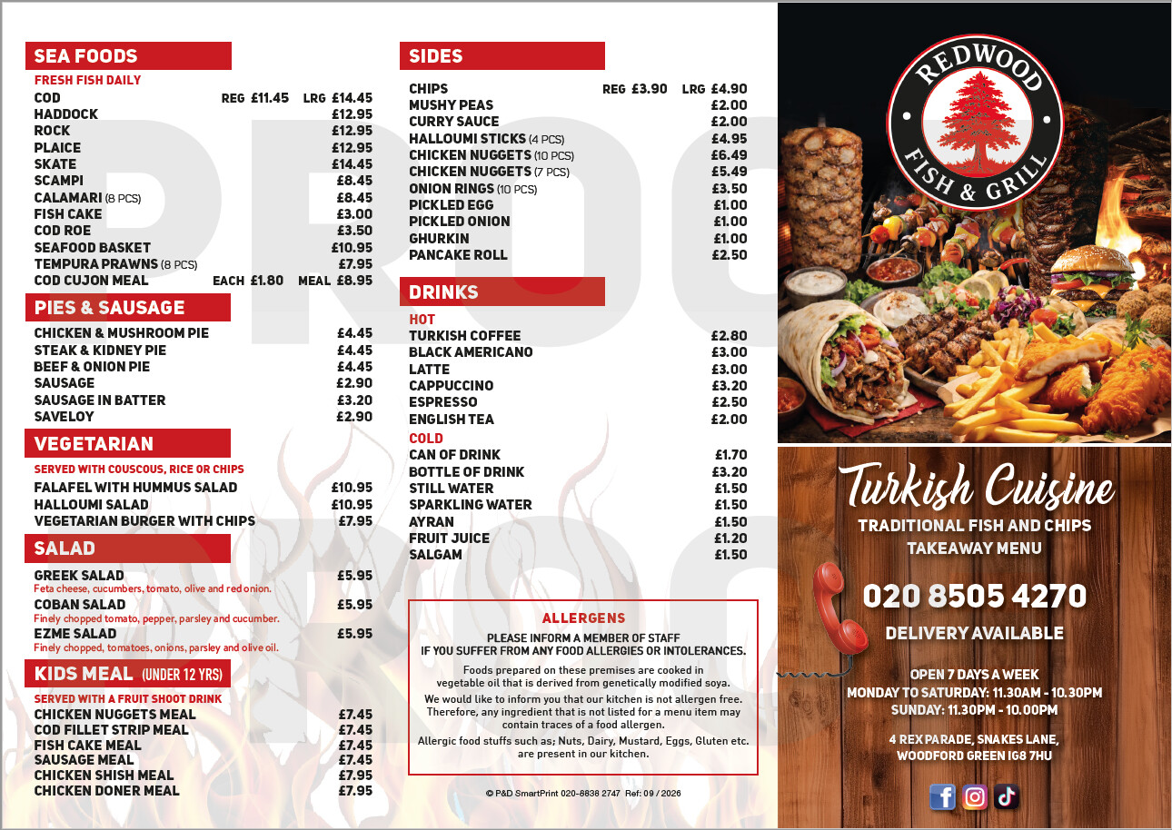 Redwood Fish & Grill takeaway menu: sea foods, pies & sausage, vegetarian, salad, kids meals, sides, drinks and allergens