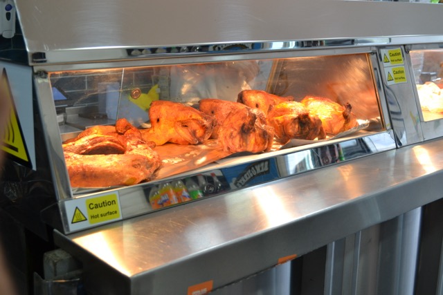 Roast chicken on display